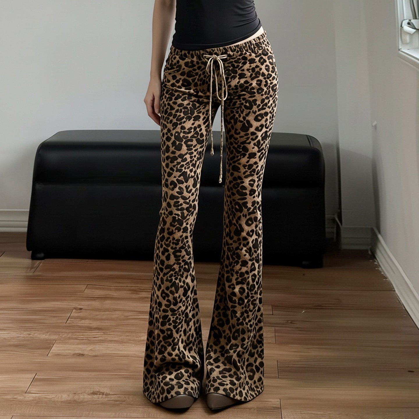 Damen Flared Leopardenmuster Hose R&B
