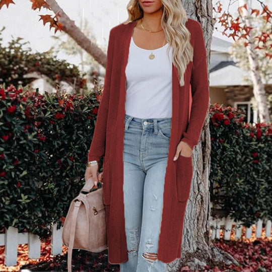 Damen langer Strickcardigan mit offenen Taschen und feinem Rippdesign R&B