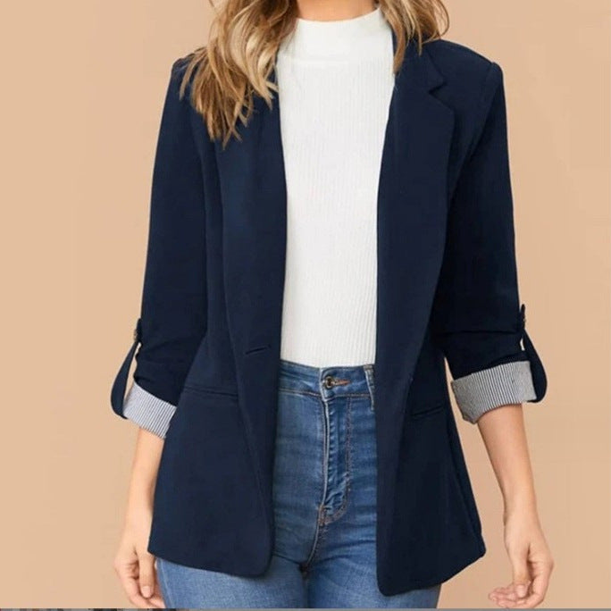 Damen stilvolle und vielseitige Blazerjacke mit umgeschlagenen Ärmeln R&B