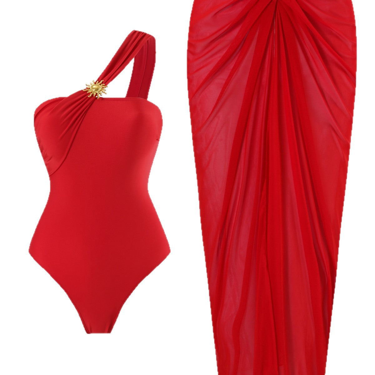 Damen einseitiger Badeanzug mit elegantem Drapierungsdesign und passendem Pareo R&B