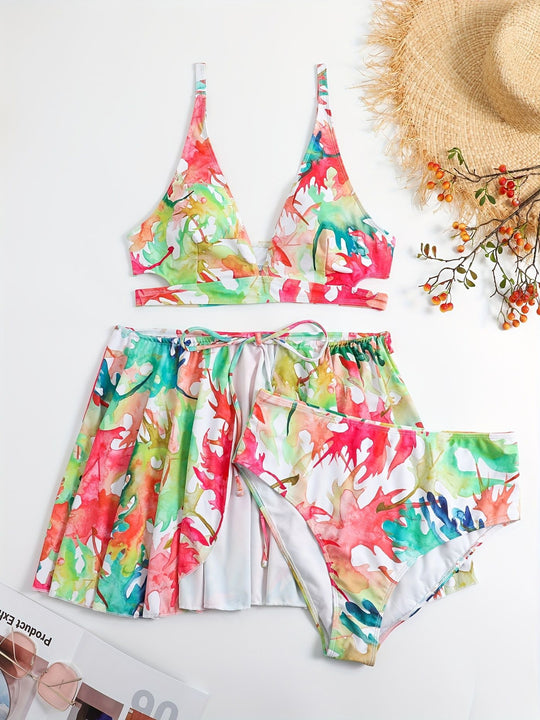 Damen Bikini-Set mit fließendem Rock und verspieltem Print R&B