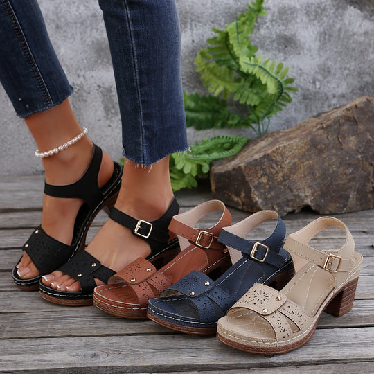 Damen elegante Sandalen mit verzierten Riemchen und Blockabsatz R&B