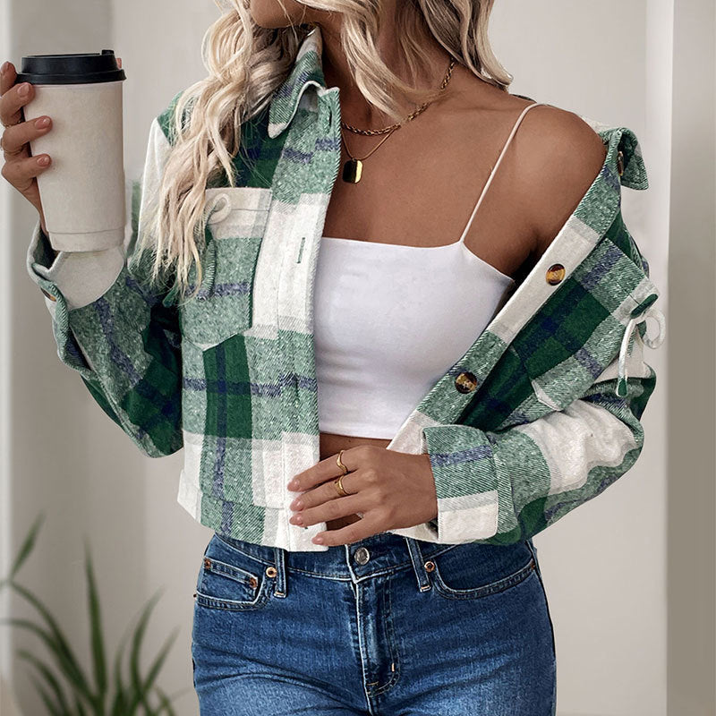 Damen lässige Karojacke mit praktischen Taschen und modischen Knopfdetails R&B