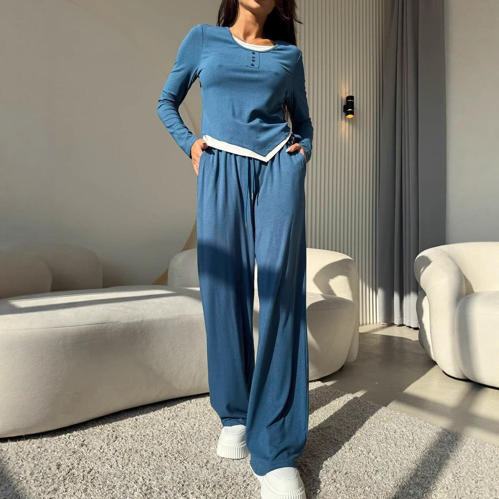 Damen lässiges Freizeit-Set mit Knopfdetails und elastischem Bund R&B