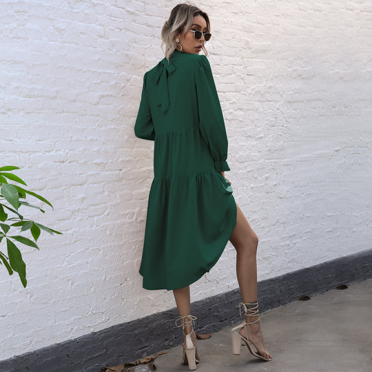 Damen elegantes, schwingendes Midi-Kleid mit Rüschen und langen Ärmeln R&B