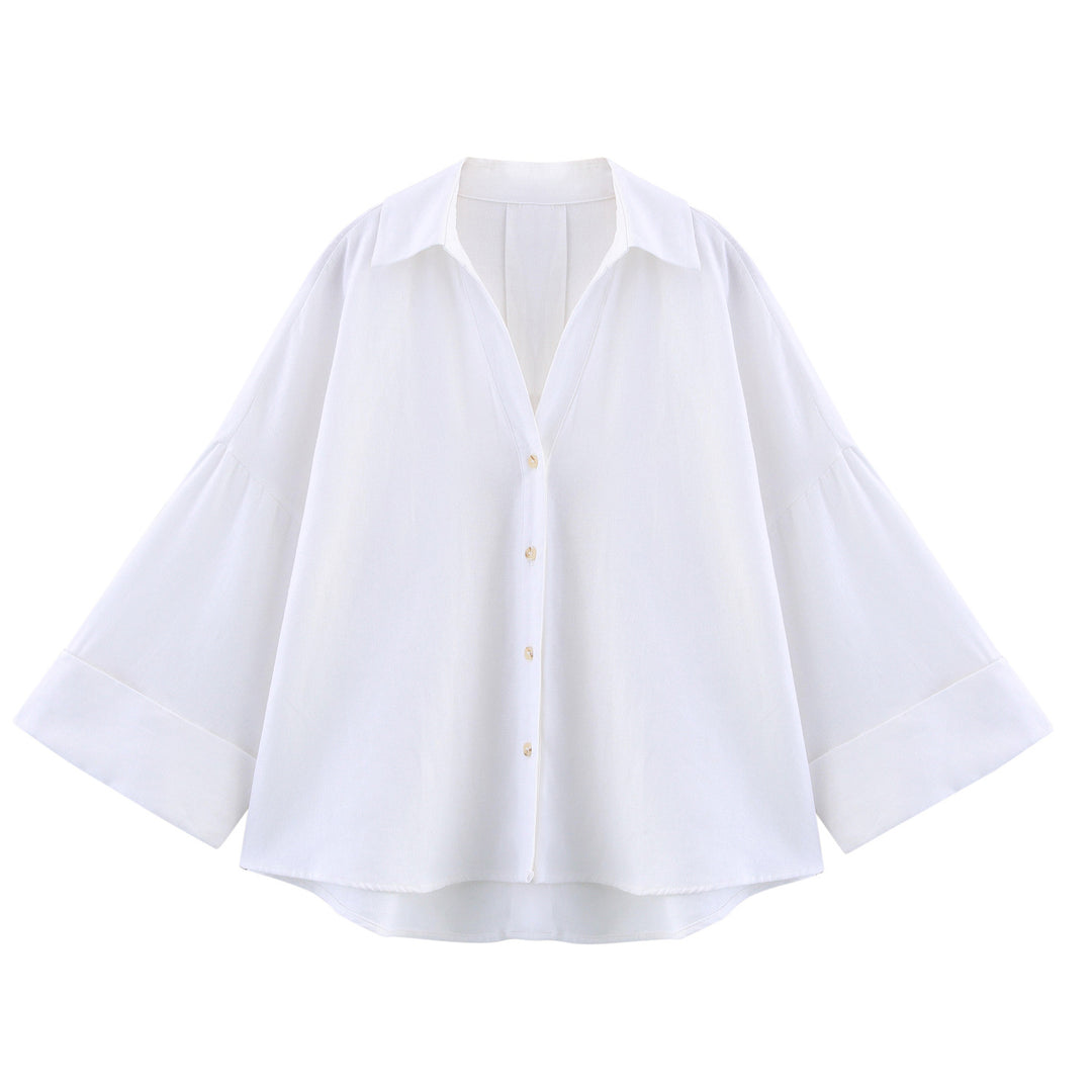 Damen lässige Bluse mit voluminösen Ärmeln und durchgehender Knopfleiste R&B