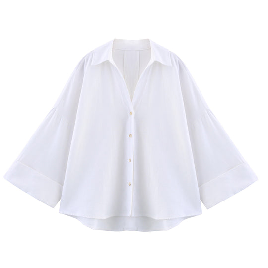 Damen lässige Bluse mit voluminösen Ärmeln und durchgehender Knopfleiste R&B