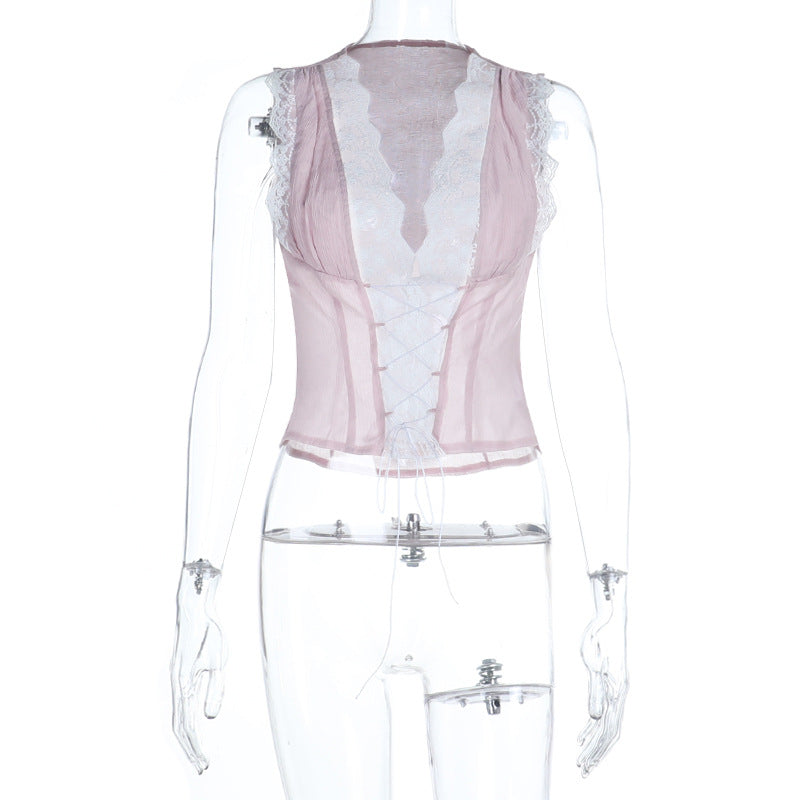 Damen Spitzen-Crop-Top mit raffinierten Rüschendetails und lässigem Schnitt R&B