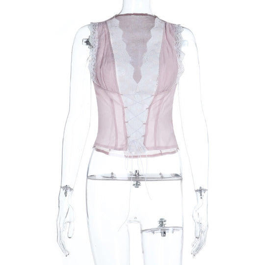 Damen Spitzen-Crop-Top mit raffinierten Rüschendetails und lässigem Schnitt R&B