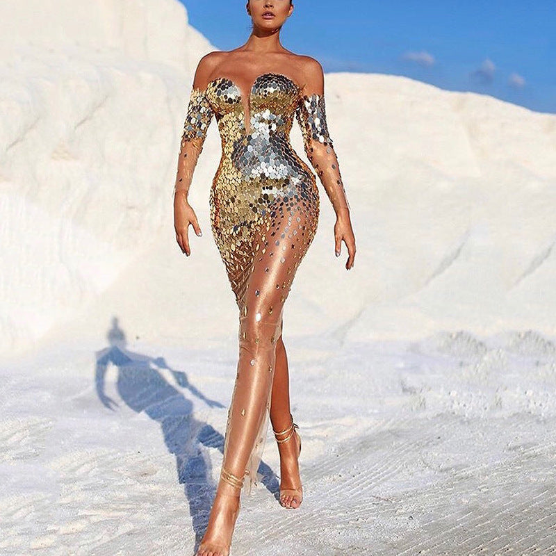 Damen Glitzerndes Abendkleid mit transparenten Ärmeln R&B