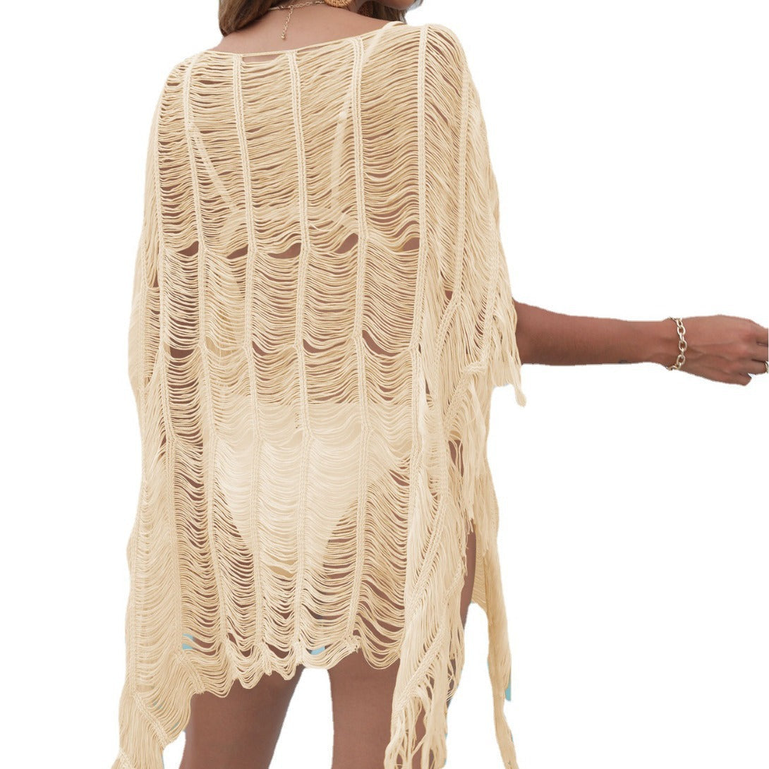 Damen eleganter transparenter Strandüberwurf mit Fransen R&B