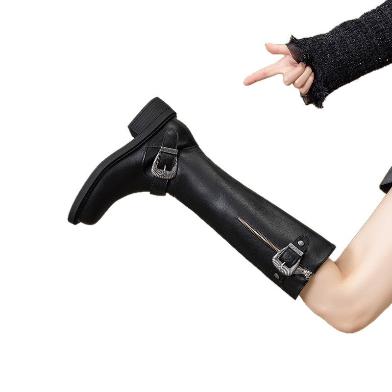 Damen modische Lederstiefel mit trendy Schnallen und komfortabler Sohle R&B