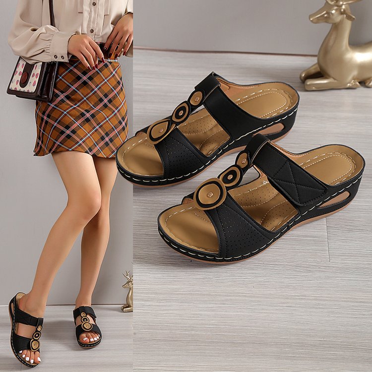 Damen Bequeme Wedge-Pantoletten mit verstellbaren Riemen und anatomischem Fußbett R&B