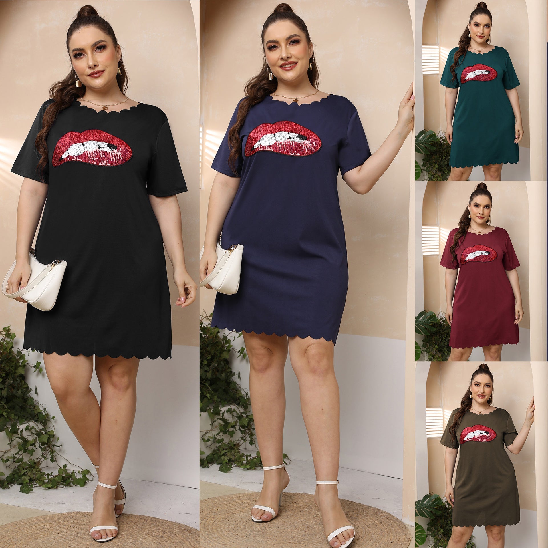 Damen lässiges Freizeitkleid mit verspieltem Lippen-Motiv R&B