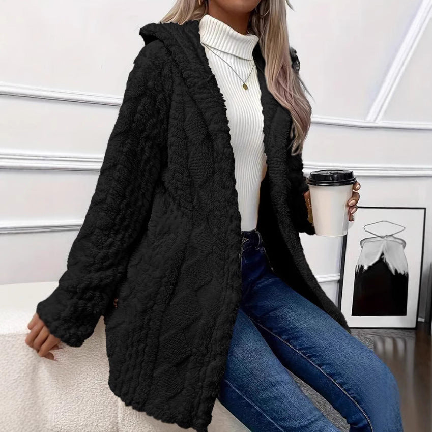 Damen kuscheliger Oversized-Mantel mit Kapuze und Knopfleiste R&B