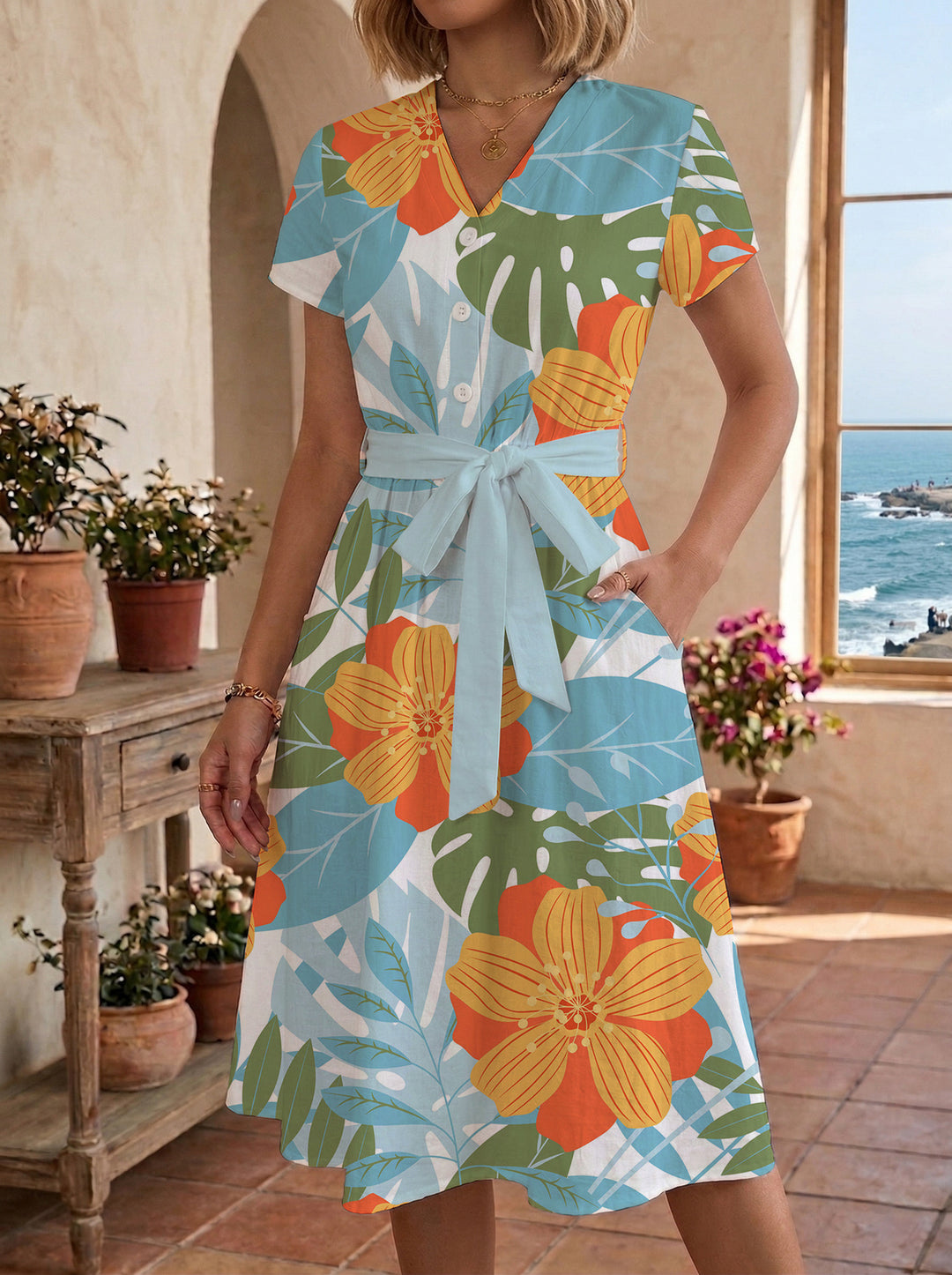 Damen Midi-Kleid mit floralem Design und bequemer Passform R&B