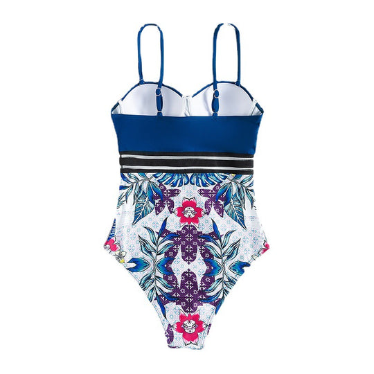 Damen Einteiler Badeanzug mit dekorativem Blumenmuster und strukturierter Taille R&B