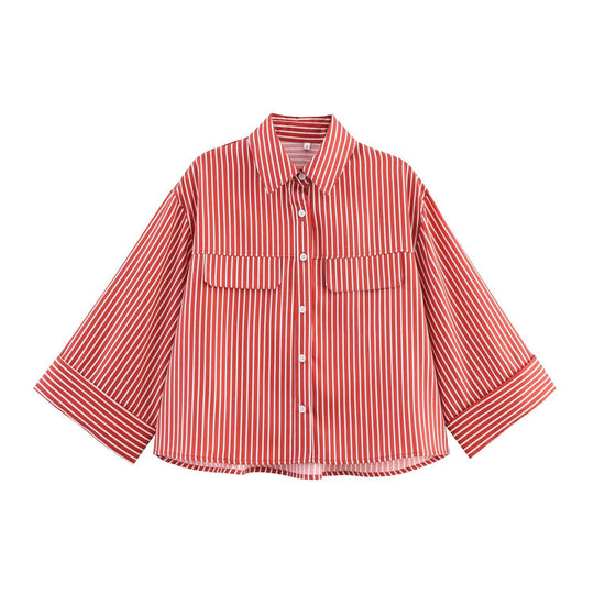 Damen gestreifte Bluse mit voluminösen Ärmeln und praktischen Taschen R&B