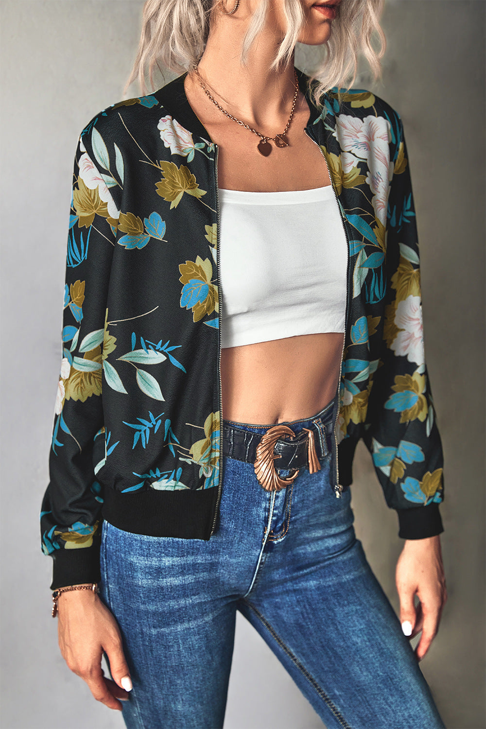 Damen Blütenmuster Freizeitjacke mit Reißverschluss und elastischen Bündchen R&B