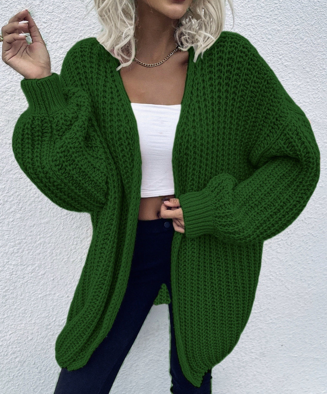Damen lässiger Grobstrick-Cardigan mit tiefen Taschen und voluminösen Ärmeln R&B