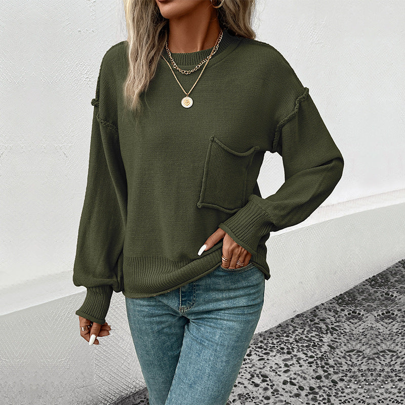 Damen lässiger Pullover mit voluminösen Ärmeln und praktischer Taschendetail R&B