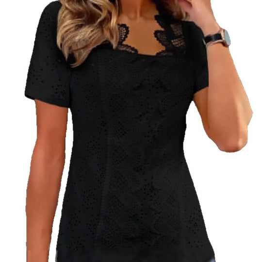 Damen nan Lochstickerei-Bluse mit Spitzenpasse und quadratischem Ausschnitt R&B
