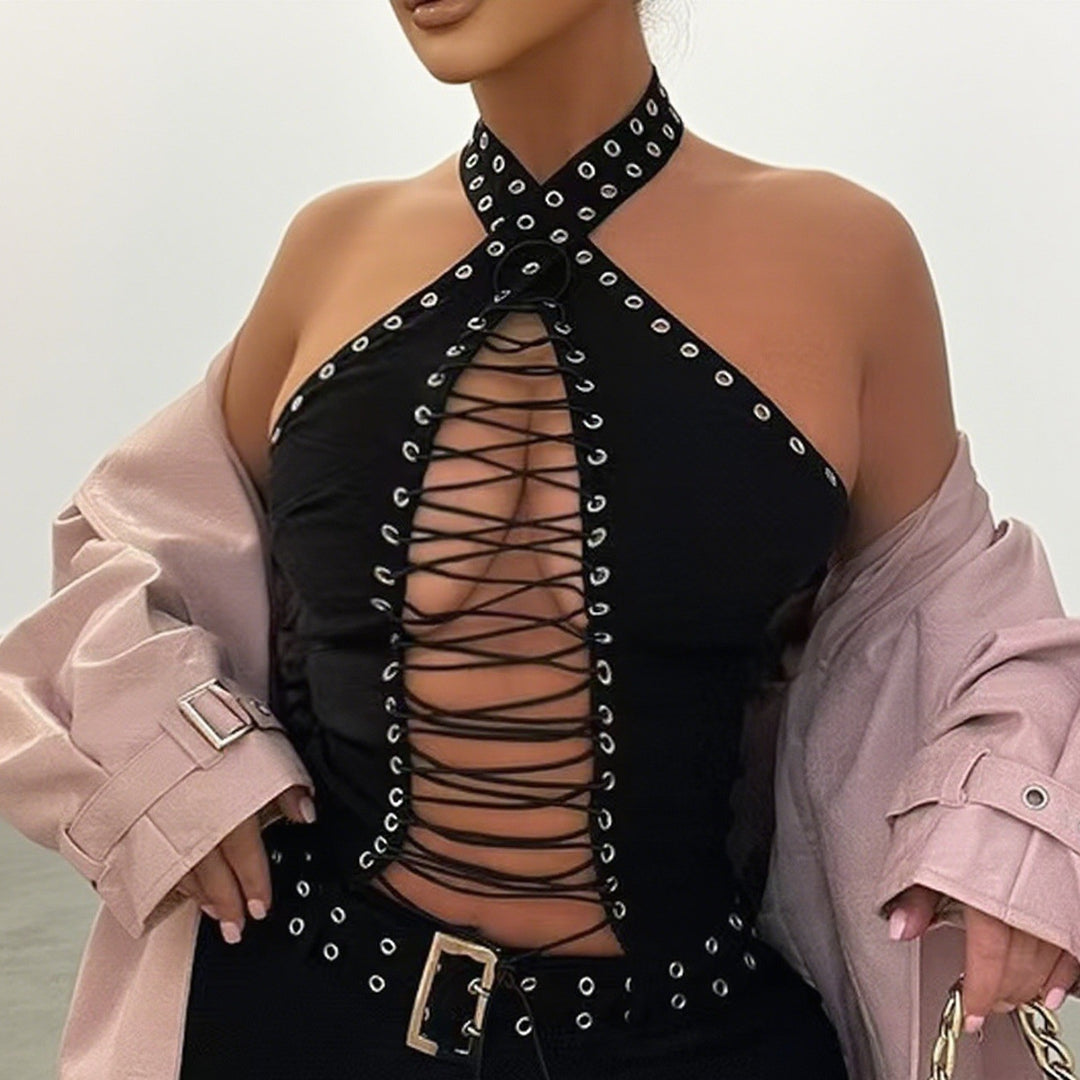 Damen Stylisches Oberteil mit aufwendigem Schnür-Design und glitzernden Akzenten R&B