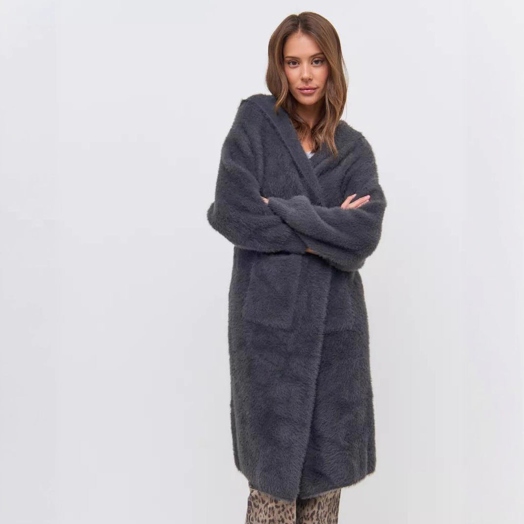 Damen Kapuzen-Strickmantel mit luxuriösem Flauschteil R&B