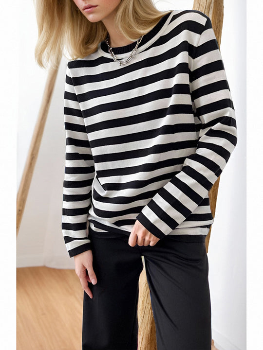 Damen gestreifter Langarmpullover mit Rundhalsausschnitt und lässigem Schnitt R&B