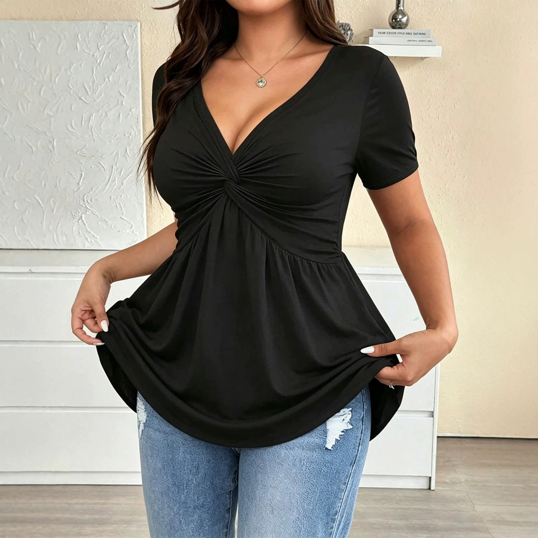 Damen Kurzarm-Bluse mit raffiniertem Wickeldesign und V-Ausschnitt R&B
