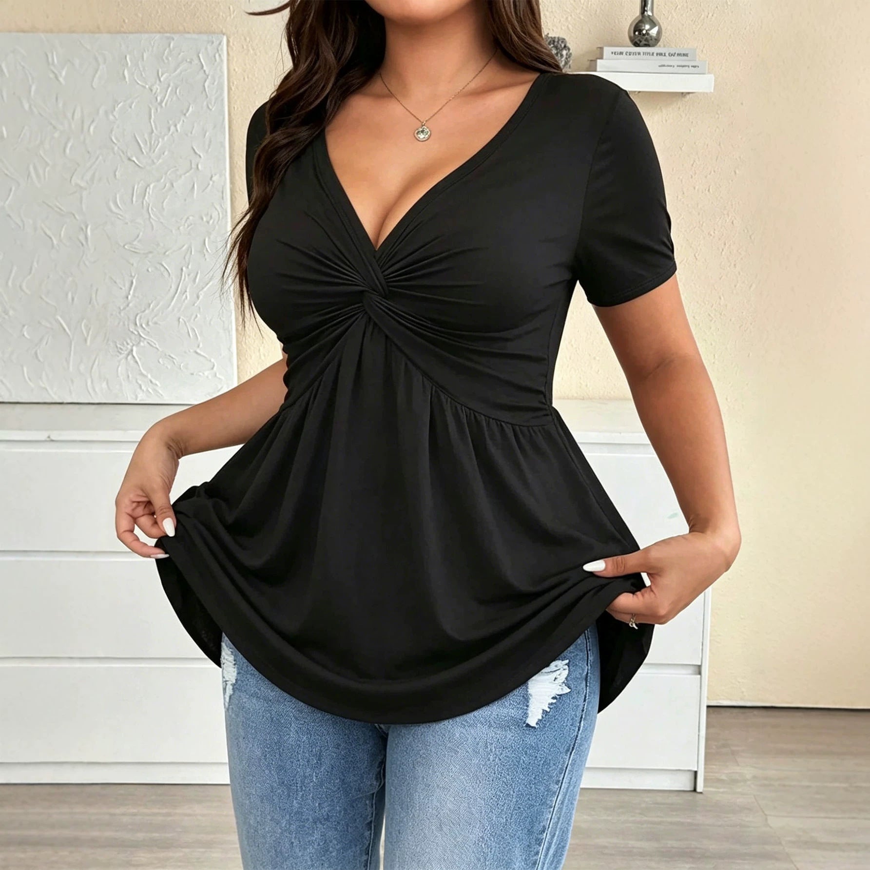 Damen Kurzarm-Bluse mit raffiniertem Wickeldesign und V-Ausschnitt R&B