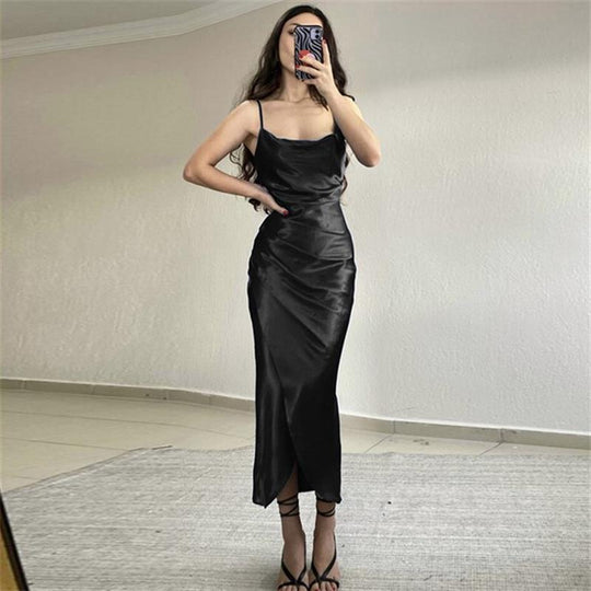 Damen Satin Maxikleid mit elegantem Schlitz und verführerischem Ausschnitt R&B