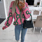 Damen Strickjacke mit grafischem Design und Knopfleiste R&B