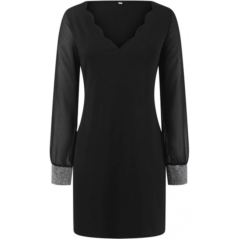 Damen Elegantes V-Ausschnitt Minikleid mit transparenten langen Ärmeln und Edelsteinakzenten R&B