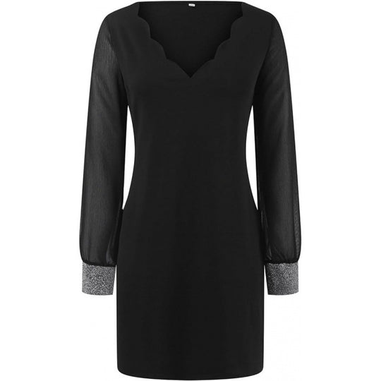 Damen Elegantes V-Ausschnitt Minikleid mit transparenten langen Ärmeln und Edelsteinakzenten R&B