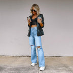 Damen Gefütterte Wide-Leg Jeans mit modischen Rissen und hohem Bund R&B