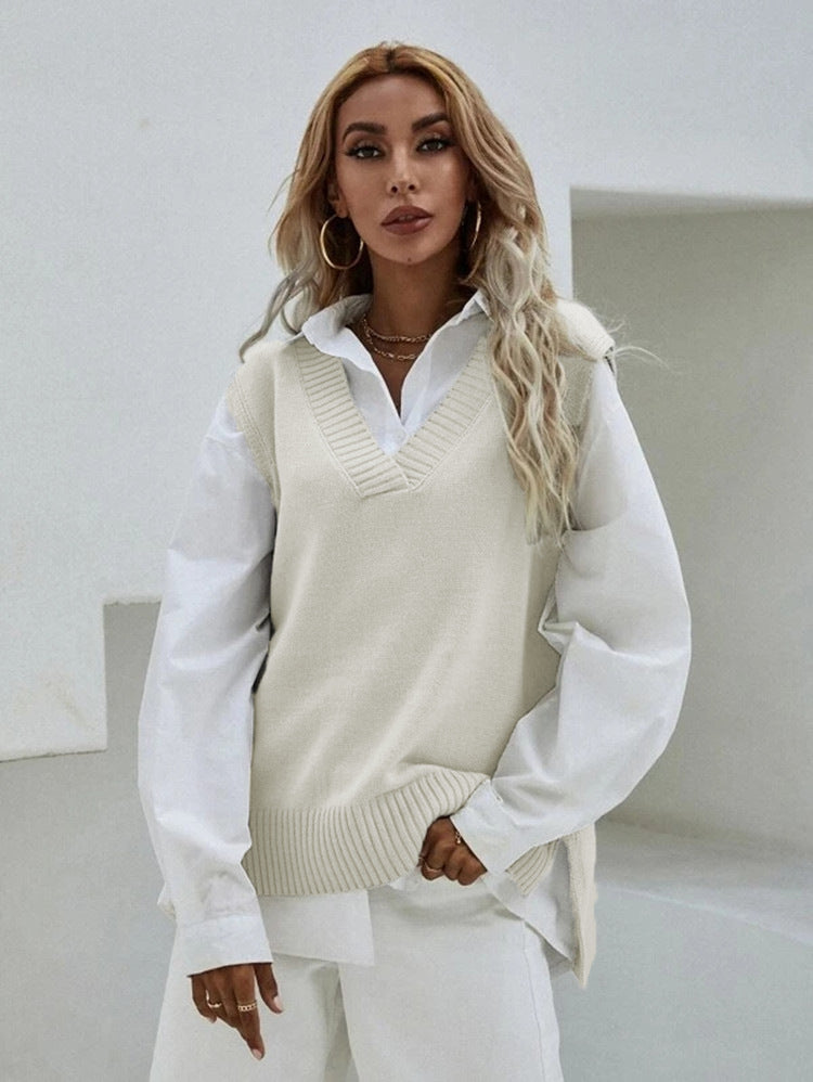 Damen Strickweste mit V-Ausschnitt und feiner Rippenstruktur R&B