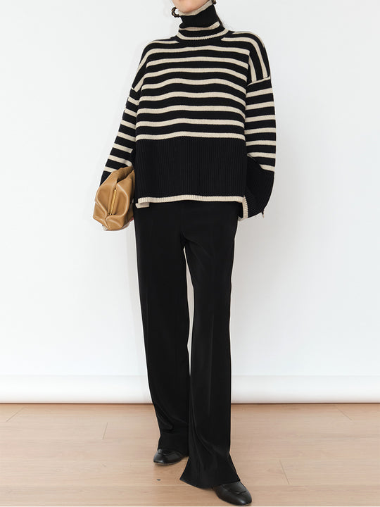 Damen Lässiger Strickpullover mit Blockstreifen und hohem Kragen R&B