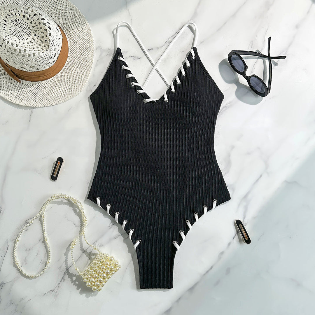 Damen Eleganter Strick-Badeanzug mit Schnürdetails R&B