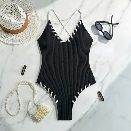 Damen Eleganter Strick-Badeanzug mit Schnürdetails R&B