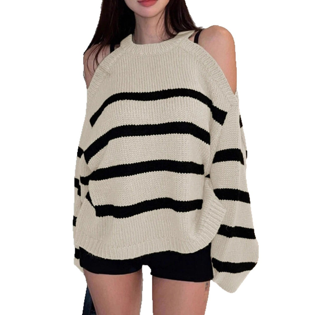 Damen Off-Shoulder Strickpullover mit breiten Streifen R&B