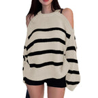 Damen Off-Shoulder Strickpullover mit breiten Streifen R&B