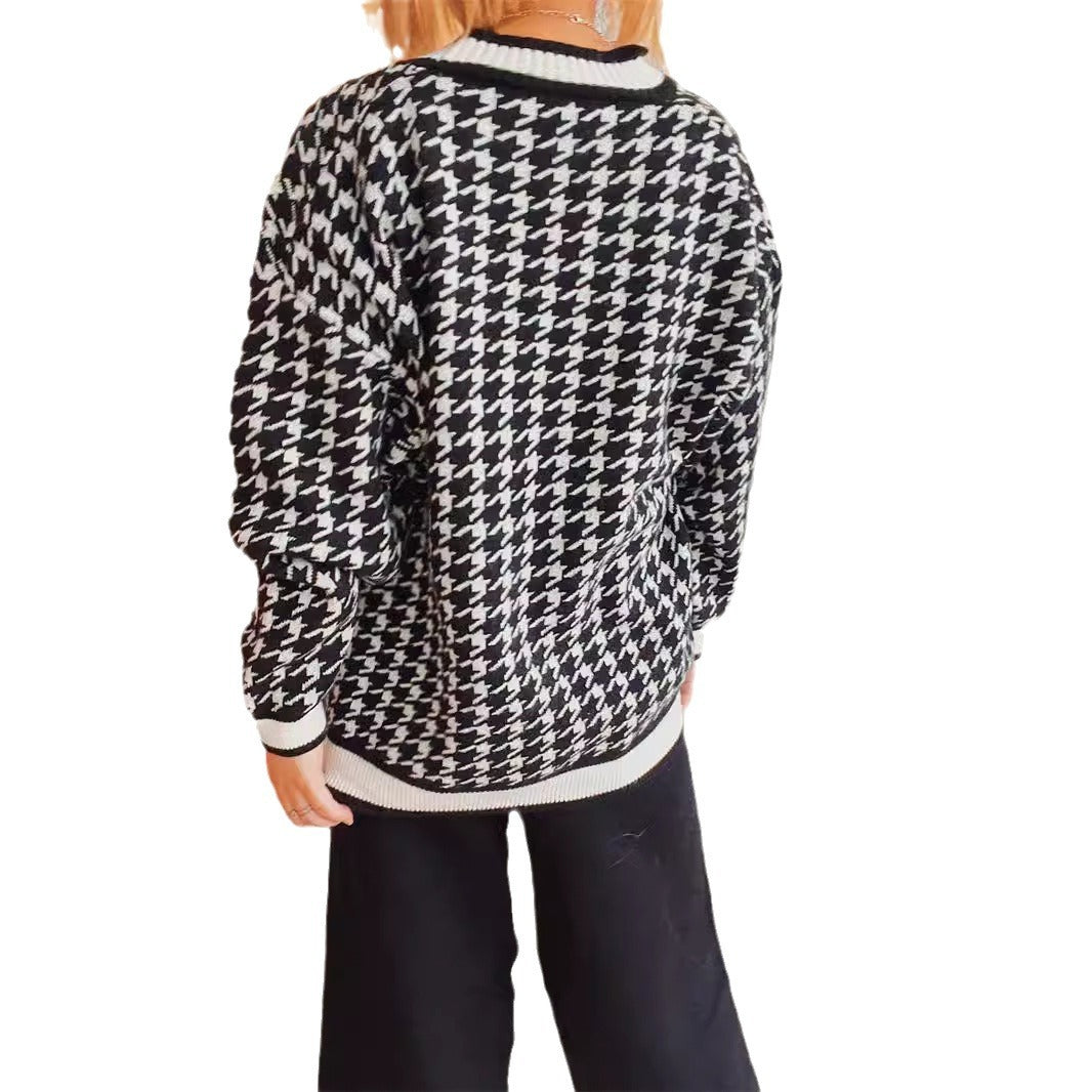 Damen oversized Strickjacke im klassischen Hahnentrittmuster R&B