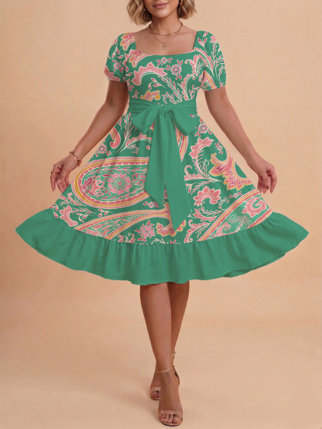 Damen elegantes Maxikleid mit floralem Design und Taillengürtel R&B
