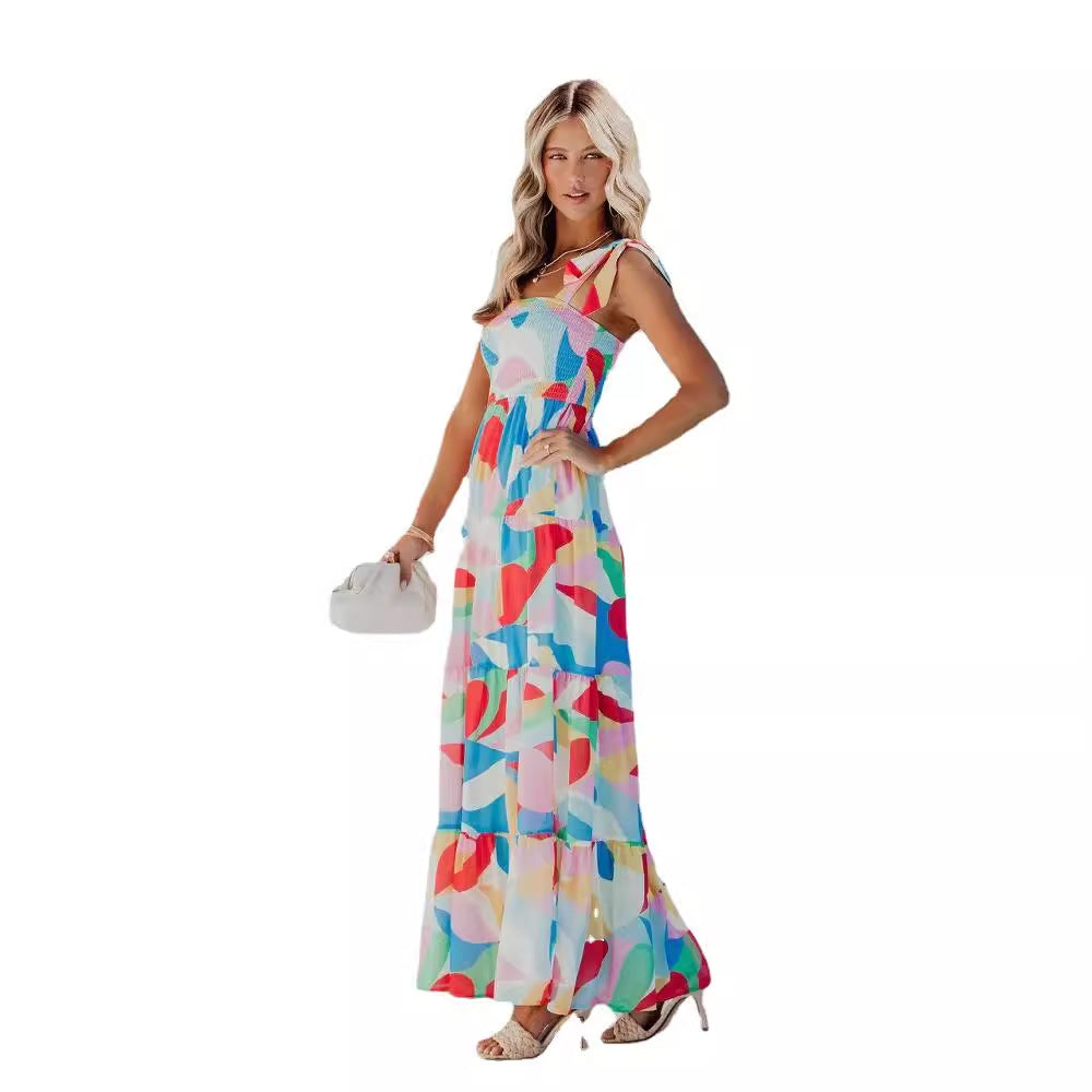 Damen Maxikleid mit buntem geometrischen Design und voluminösem Rock R&B