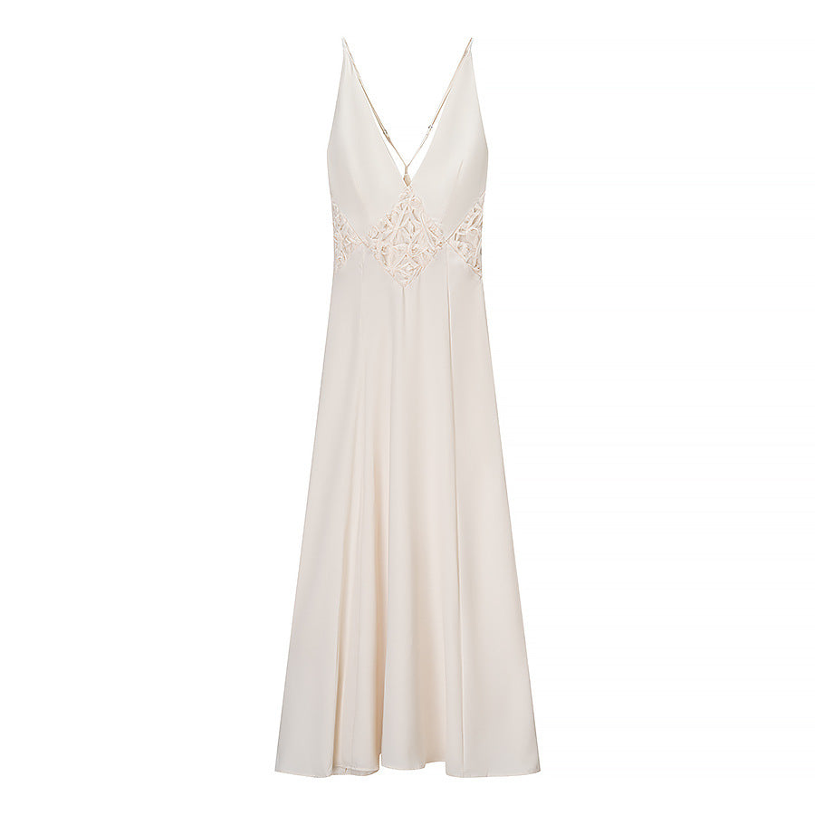 Damen Langarm Maxi-Kleid mit raffiniertem V-Ausschnitt und kunstvollem Spitzenbesatz R&B