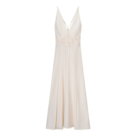 Damen Langarm Maxi-Kleid mit raffiniertem V-Ausschnitt und kunstvollem Spitzenbesatz R&B