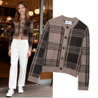 Damen kariertes Strickjacke mit Knopfleiste und weichem Material R&B