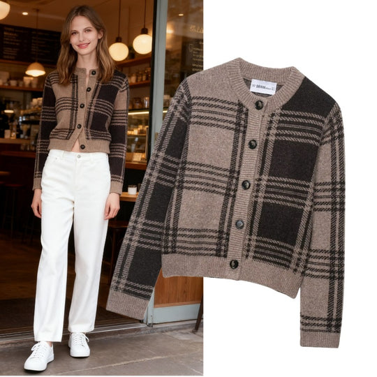 Damen kariertes Strickjacke mit Knopfleiste und weichem Material R&B