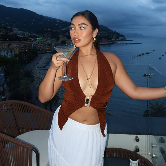 Damen Haltertop mit eleganter Raffung und dekorativen Perlen R&B